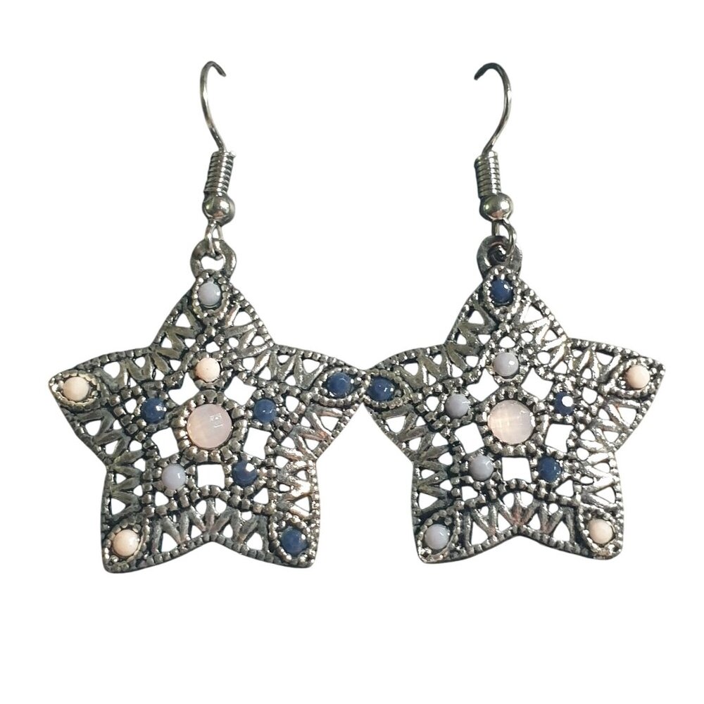 Star Shaped Filigree Dangling Earrings Pink Purple Beaded Hook Lightweight